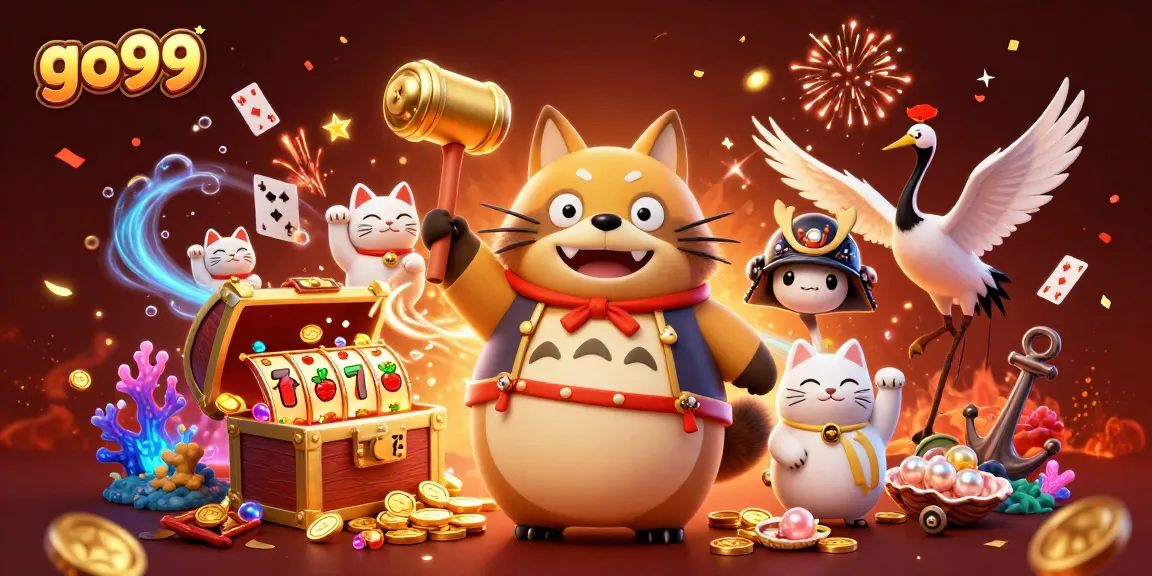 Join the excitement of go99 with lucky tanuki and vibrant casino symbols in this energetic illustration.
