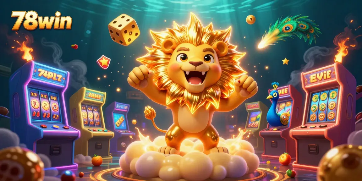 Experience thrilling gameplay at 78win with vibrant slots, golden dice, and a roaring lion.