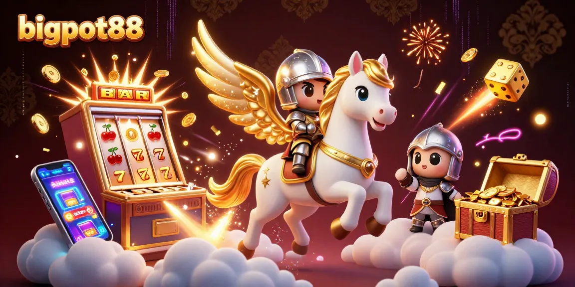 Experience bigpot88 gameplay with an animated illustration of a celestial horse and knight amidst jackpot excitement.