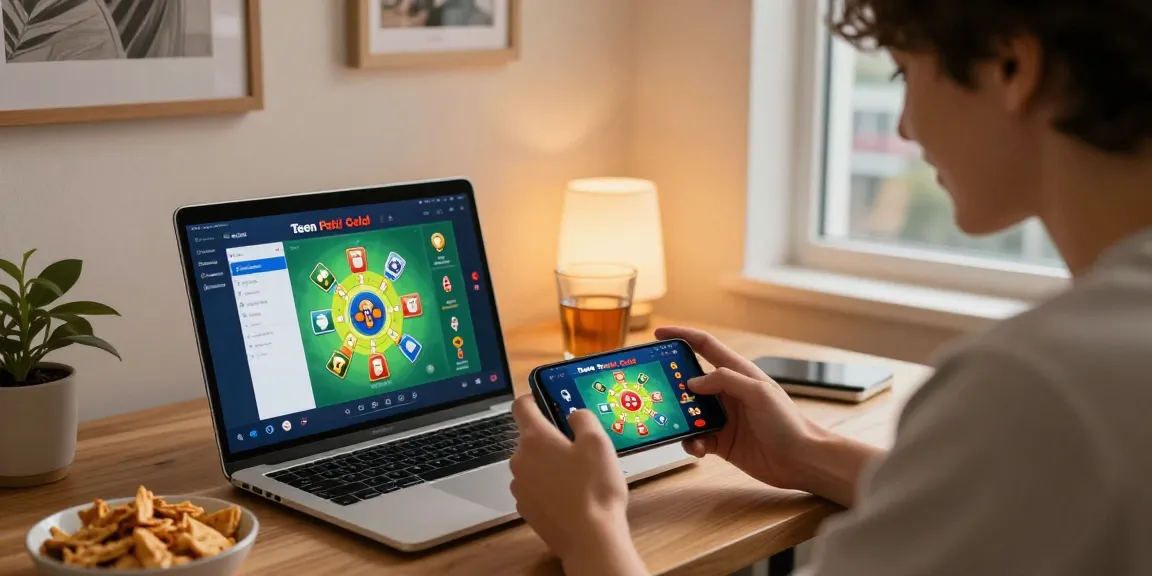 Play Teen Patti Gold APK in a lively home gaming setup with colorful game graphics.