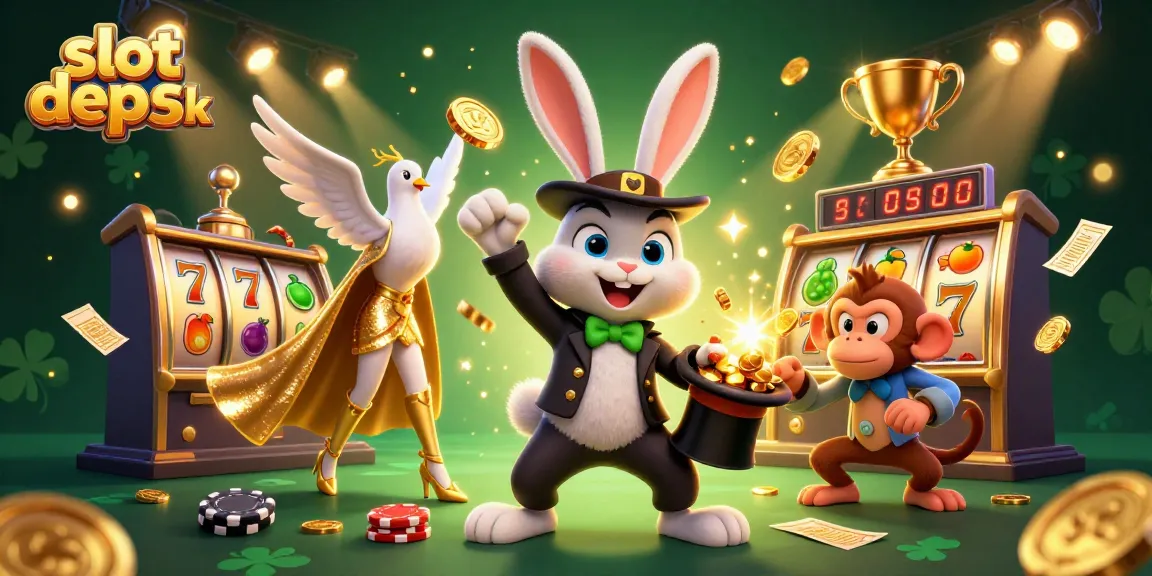 Spin to win at slot depo 5k with a magical rabbit, coins, and casino excitement!