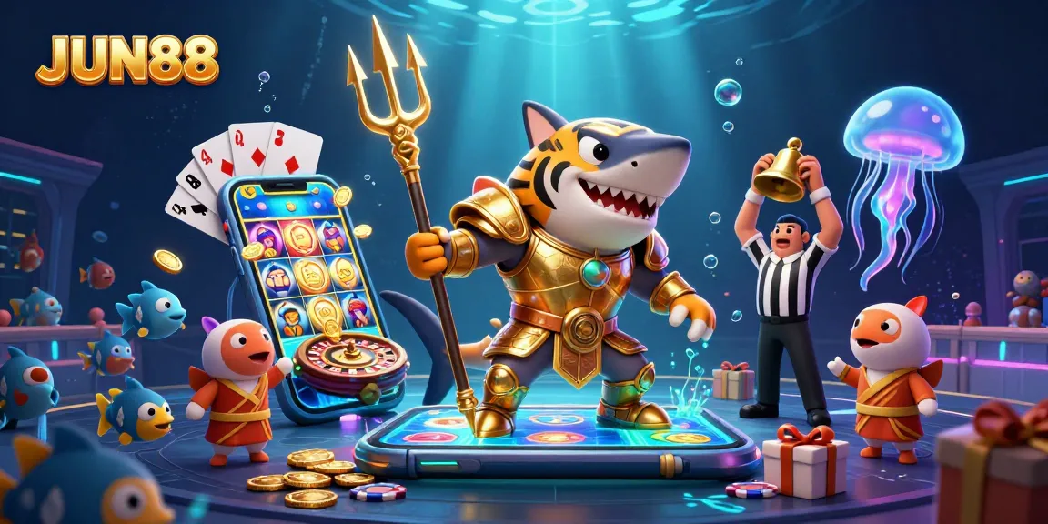 Engage with JUN88's thrilling online slots and casino atmosphere in this vibrant 3D illustration.