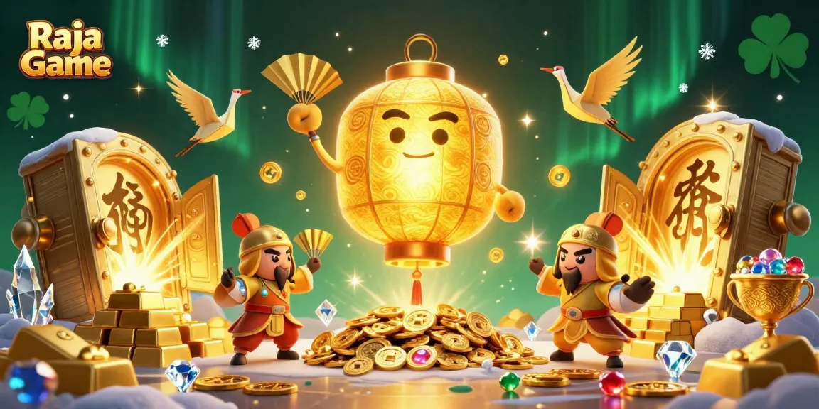 Win big with Raja Game at an immersive casino, featuring dynamic characters and sparkling treasures.