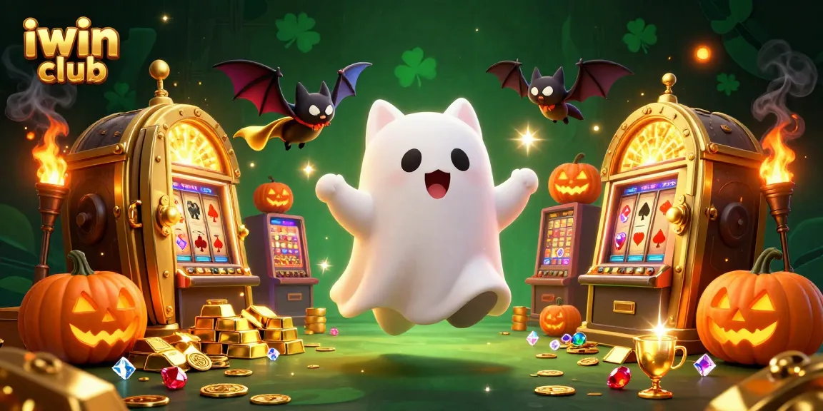 Engage with iwin club's spooky gaming experience featuring a ghost cat and vampire bat in a haunted casino.