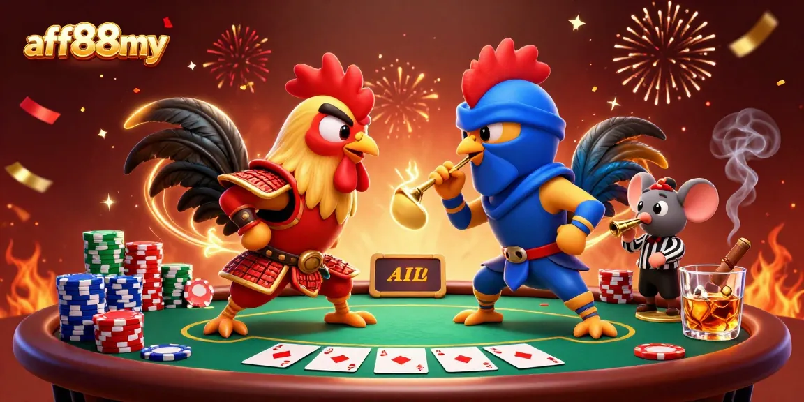 A dynamic showdown between fighting roosters at afb88my, showcasing poker elements and vibrant casino energy.
