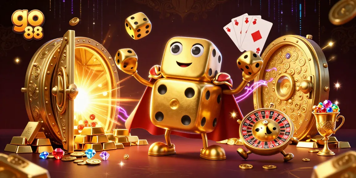 Experience go 88 with a captivating casino scene featuring a golden dice golem and treasures.