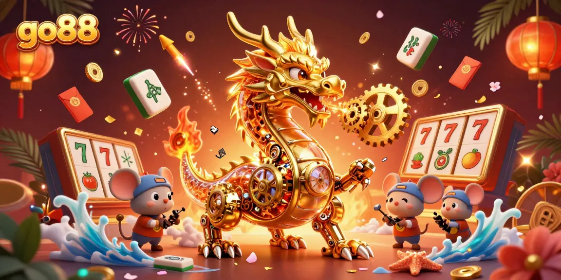 Experience the excitement of go88's casino world filled with vibrant slot elements and golden dragon wonders.