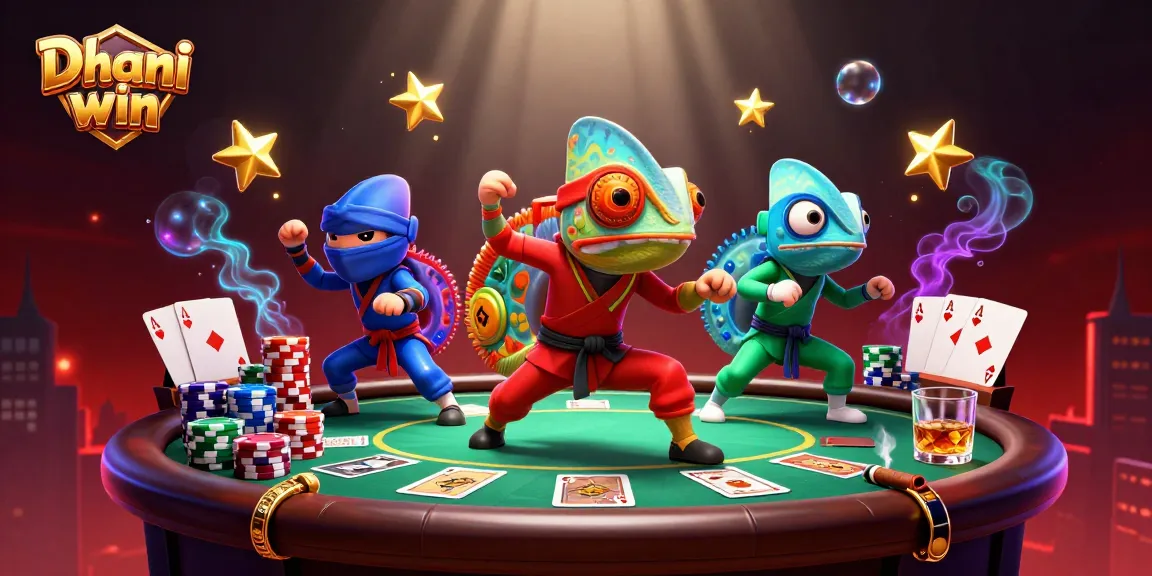 Dhani win chameleons showcase synchronized skills amidst dynamic casino elements and colorful poker details.