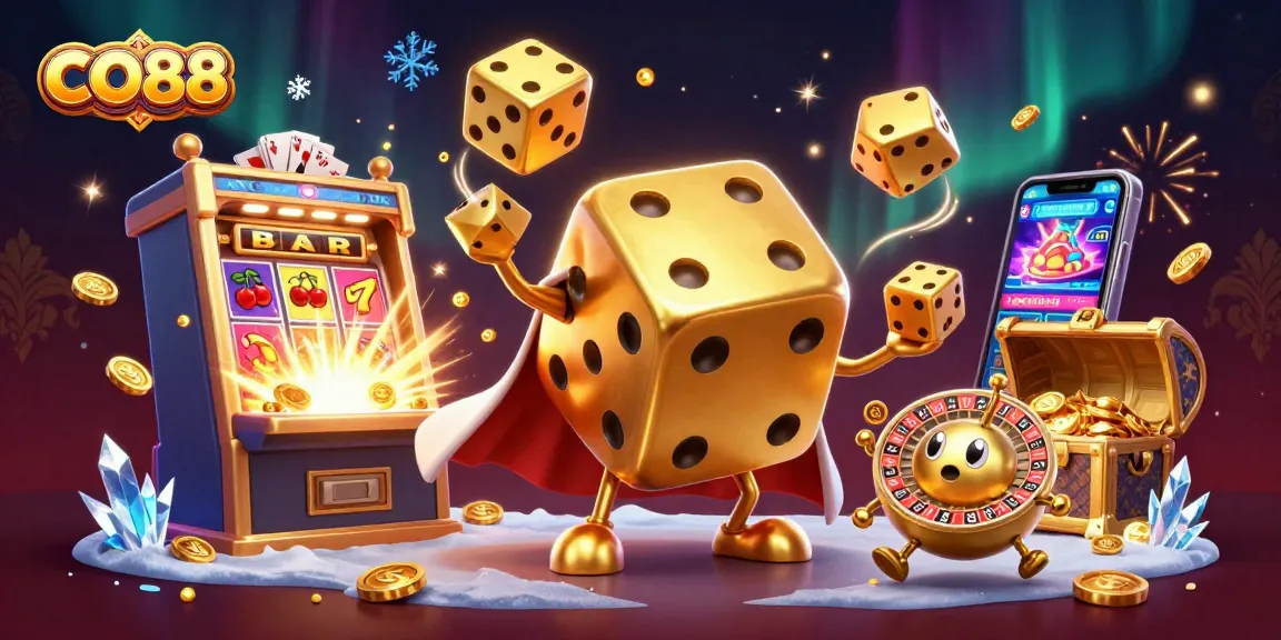 Engage in thrilling slots action at CO88 casino with vibrant 3D illustration featuring a whimsical golden dice golem.