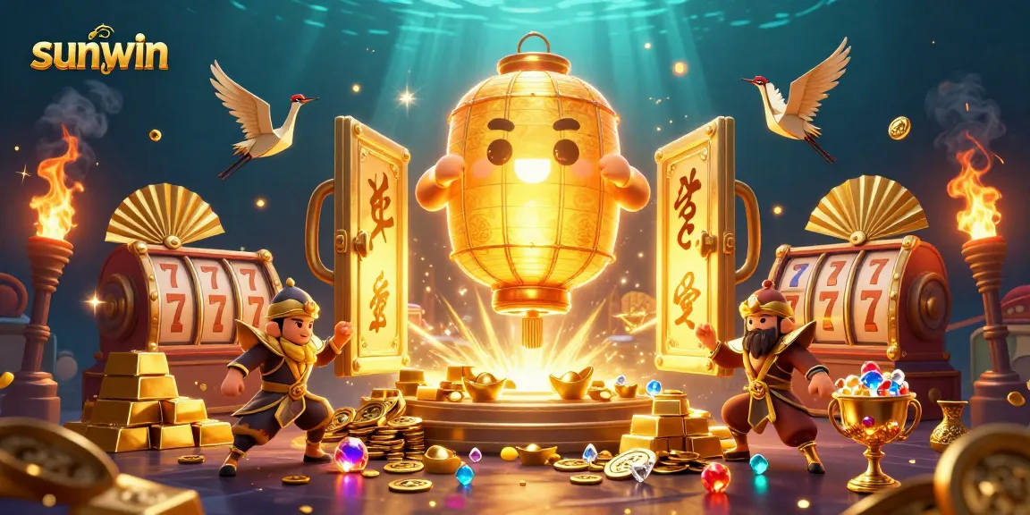 Win big at sunwin with a vibrant illustration of the glowing lantern spirit amidst sparkling treasures.
