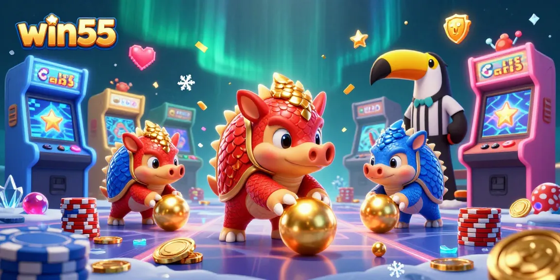 Engage with win55 by watching rival pangolins compete in a vibrant casino-themed game scene.