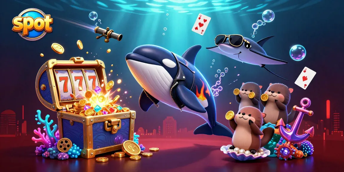 Menangkan slot dengan orca 3D, ikan pari, dan beruang laut memegang koin emas di latar belakang yang menyala.