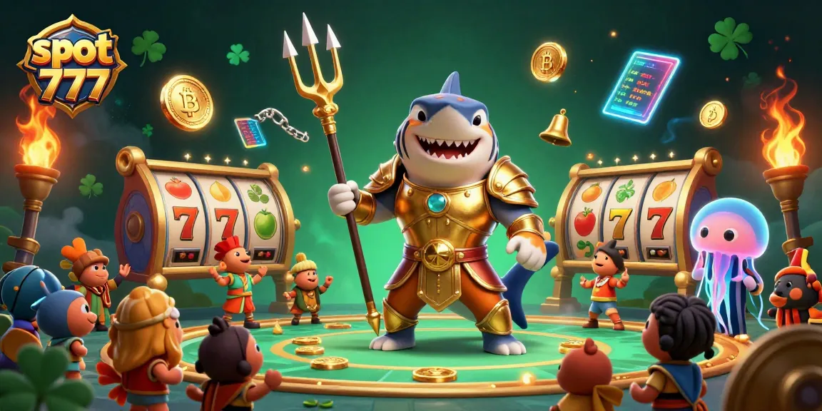 Experience thrilling gameplay with slot 777 as tiger shark gladiators battle in a vibrant underwater scene.