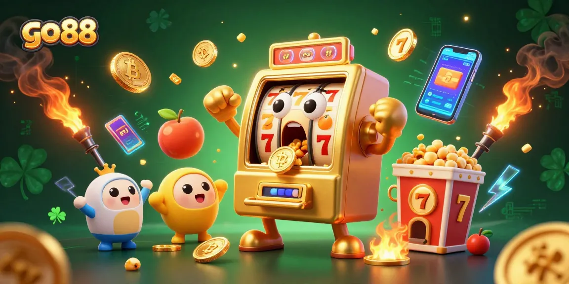 Spin jackpots at go 88 with a fun golden slot machine celebrating victory amidst coins and luck!