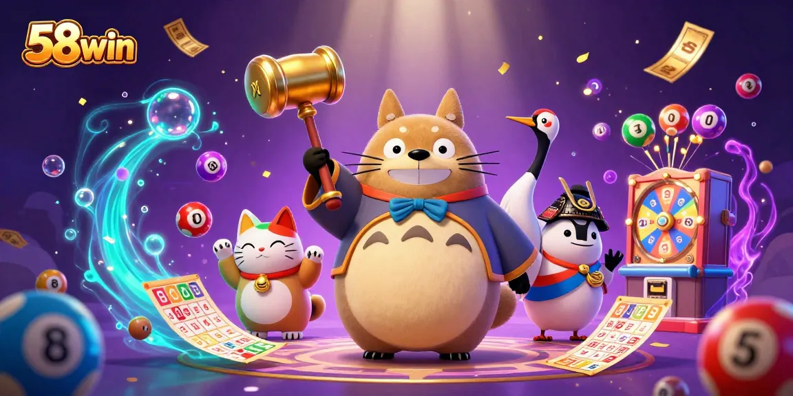 Experience the excitement of 58win with this vibrant casino-themed illustration featuring lucky tanuki and maneki-neko.