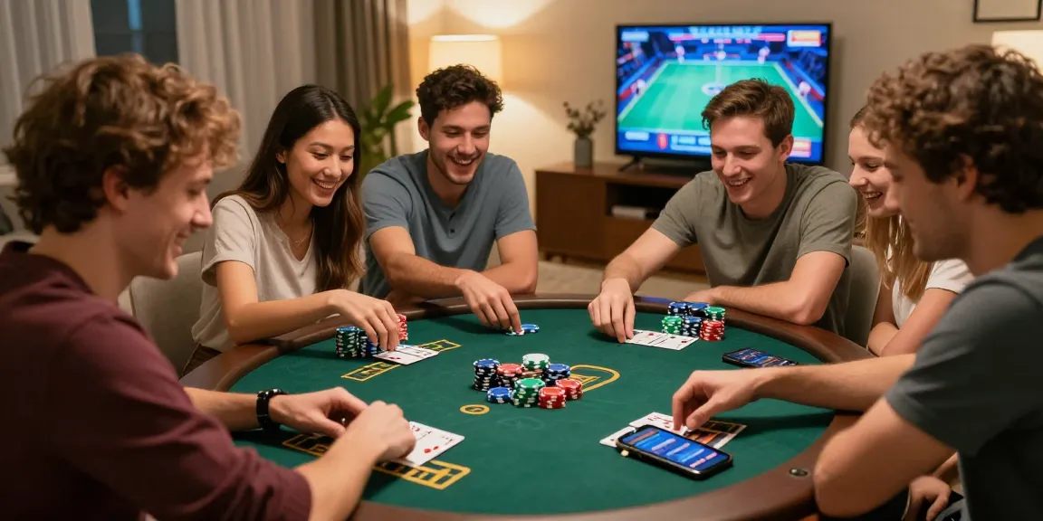 Group of friends enjoying Teen Patti Gold game, SEE MORE excitement and fun in this cozy setting.