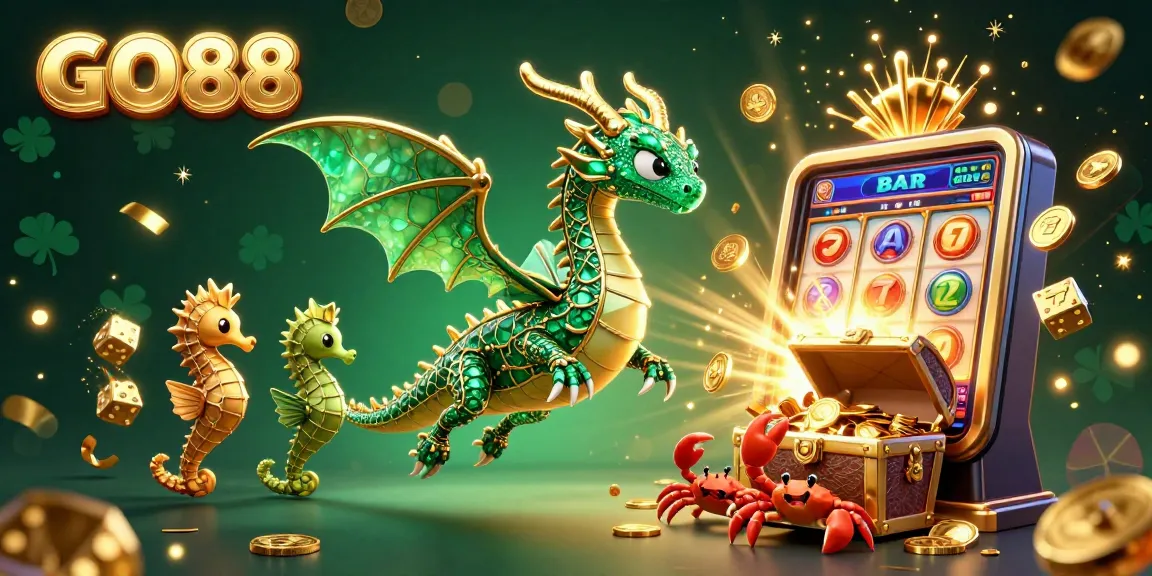 Experience the excitement of GO88's online casino with a vibrant illustration of a sea dragon, treasure chest, and jackpot elements.