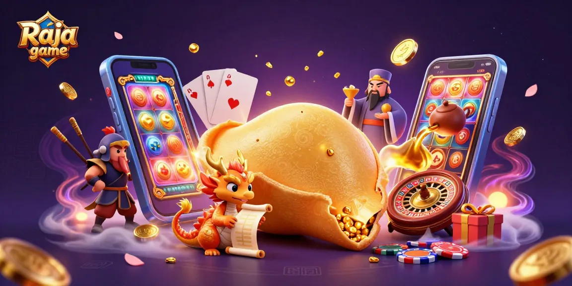 Experience thrilling action with Raja game as a tiny dragon unveils fortunes alongside a golden cookie spectacle.