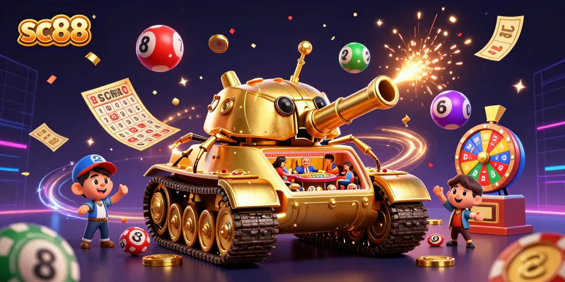 Engage in exciting gameplay at sc88 with a dynamic casino scene featuring colorful lottery elements and golden ticket confetti.