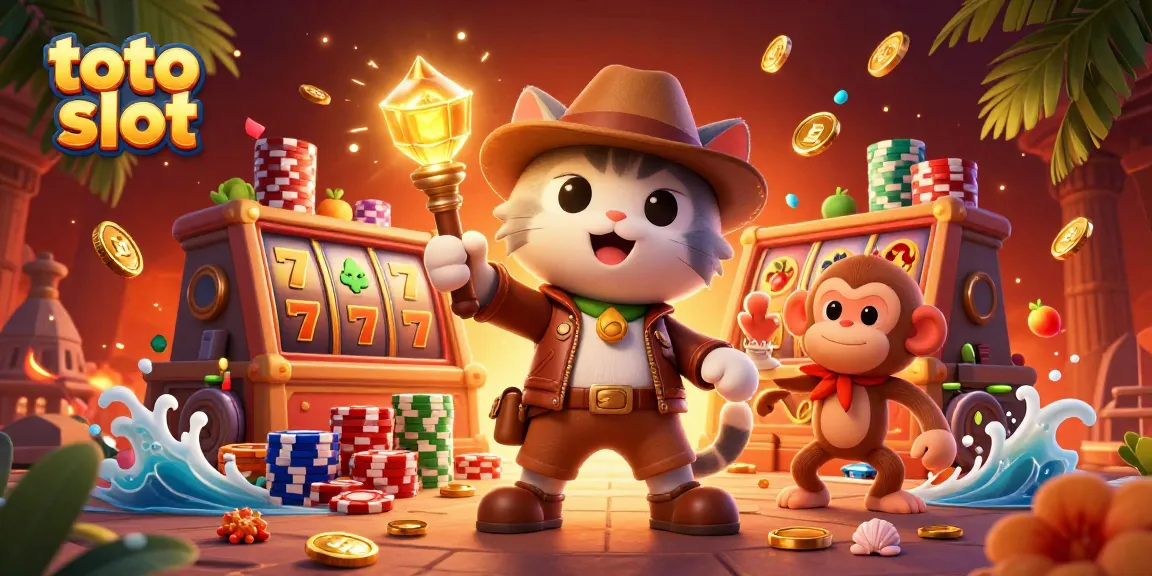 Engage in the thrilling world of toto slot with a 3D explorer cat uncovering treasures surrounded by colorful slot elements.