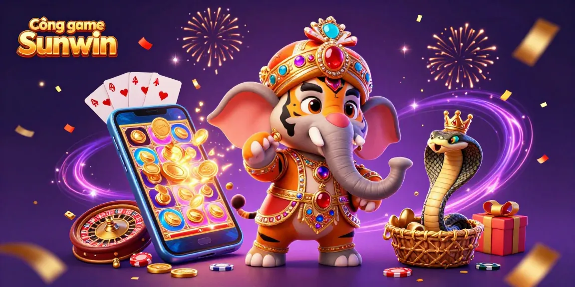 Cổng game Sunwin captivates players with a dynamic 3D scene featuring a royal tiger and elephant in a vibrant casino setting.