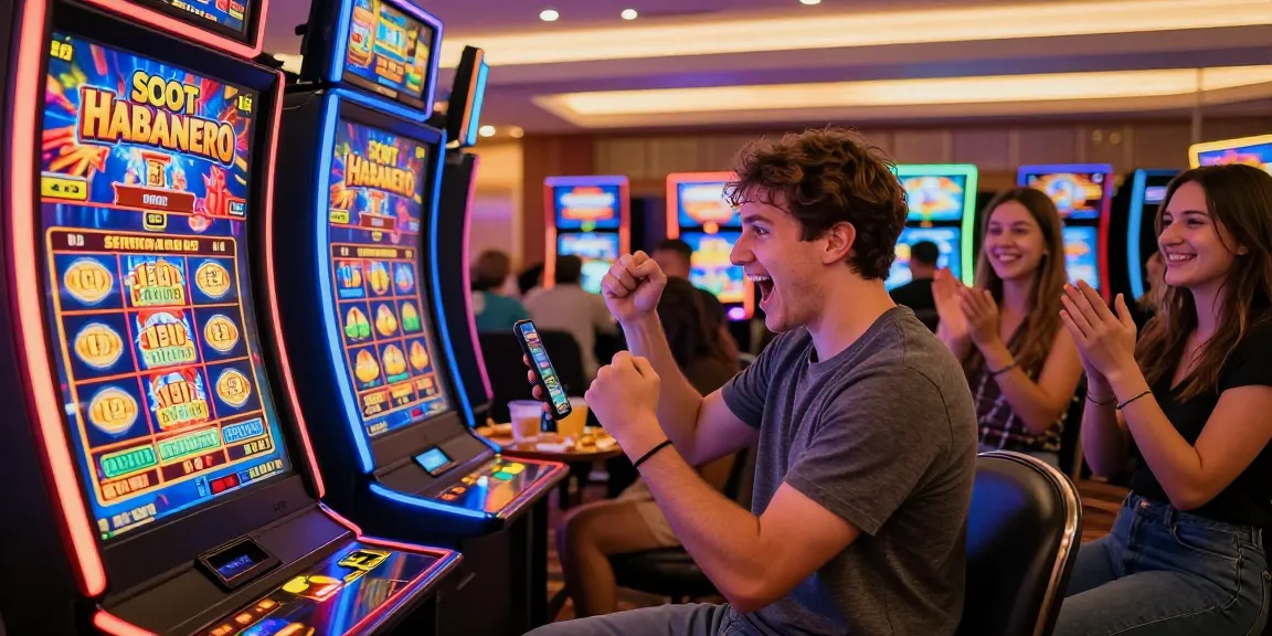 Player celebrating a big win on Slot Habanero in a vibrant online casino setting, showcasing excitement and joy with friends nearby.
