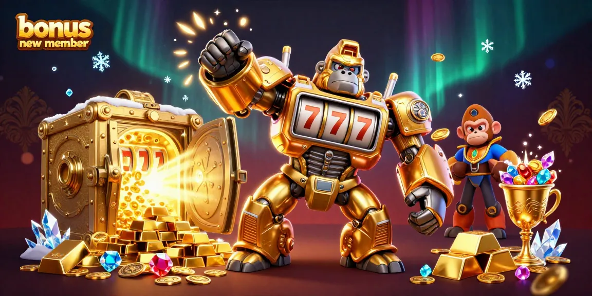 Engage with exciting bonus new member offers featuring a dynamic slot-themed 3D illustration.