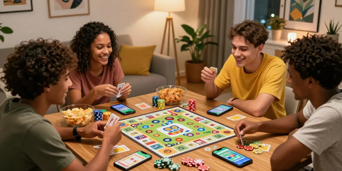 Friends playing a Classic card game of Card Rummy in a cozy living room with vibrant atmosphere.