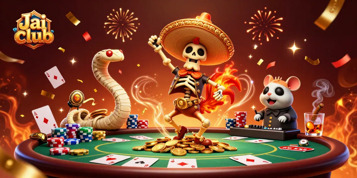 Play thrilling games at Jai club with a colorful casino scene featuring unique characters.