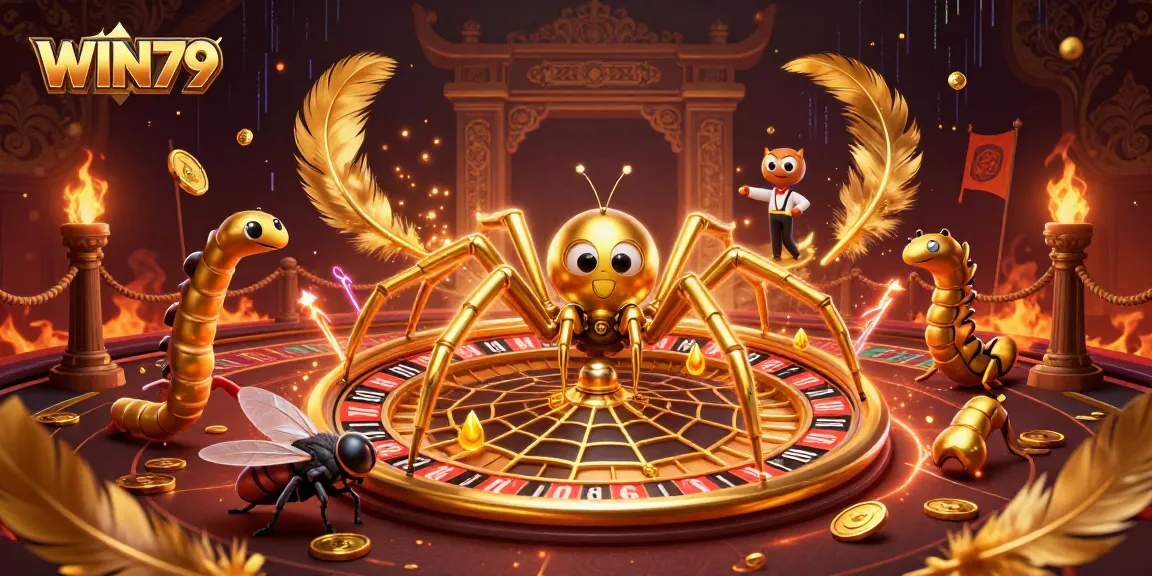 Experience the thrill of WIN79 with a 3D cartoon golden spider at an exciting roulette table surrounded by vibrant gaming elements.