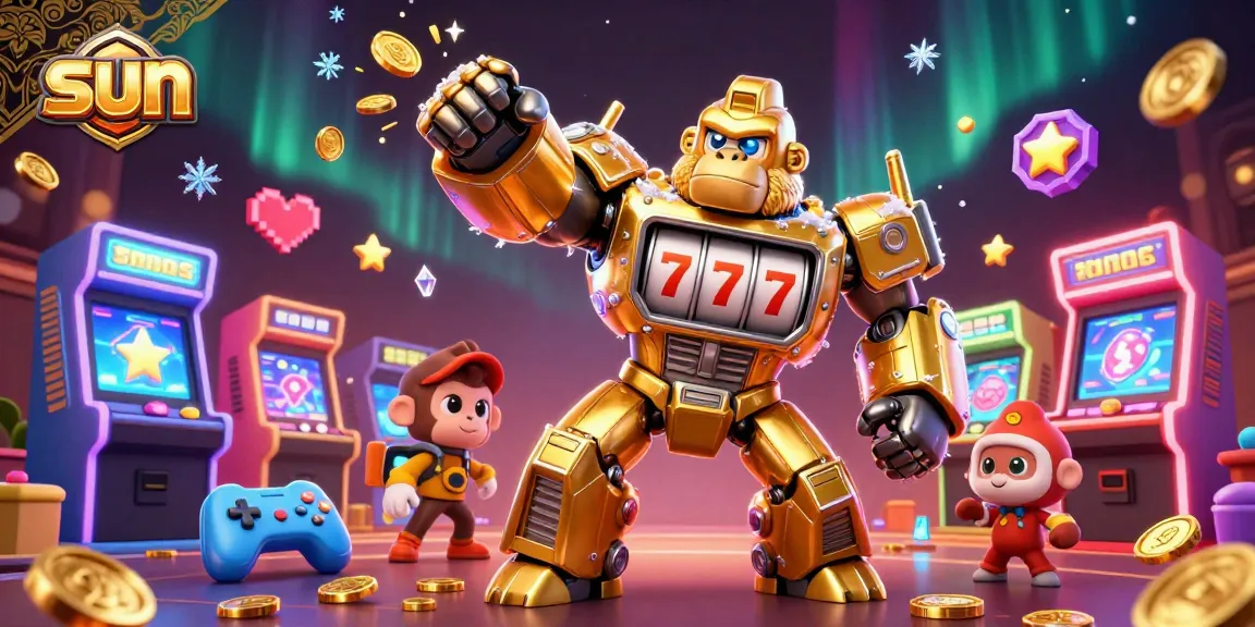 Experience the sun-inspired action with a golden gorilla mech and casino elements.