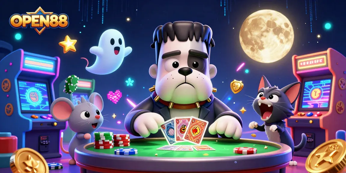 Engage in thrilling games at OPEN88 with a spooky casino scene featuring animated characters and vibrant elements.