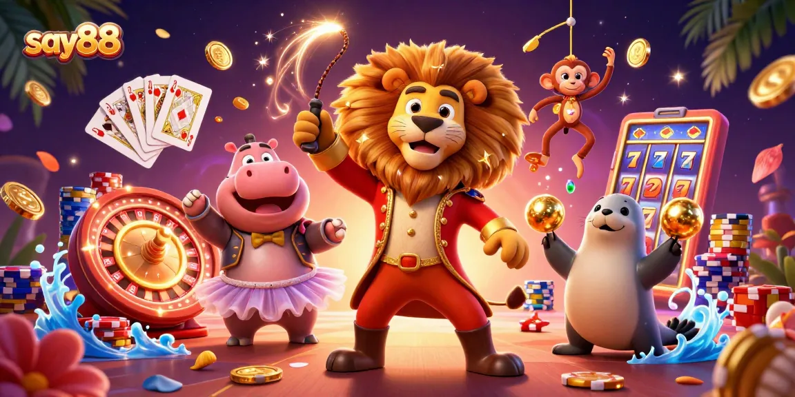 Experience engaging thrills at say88 with a 3D casino scene featuring a lively ringmaster lion and dazzling game elements.