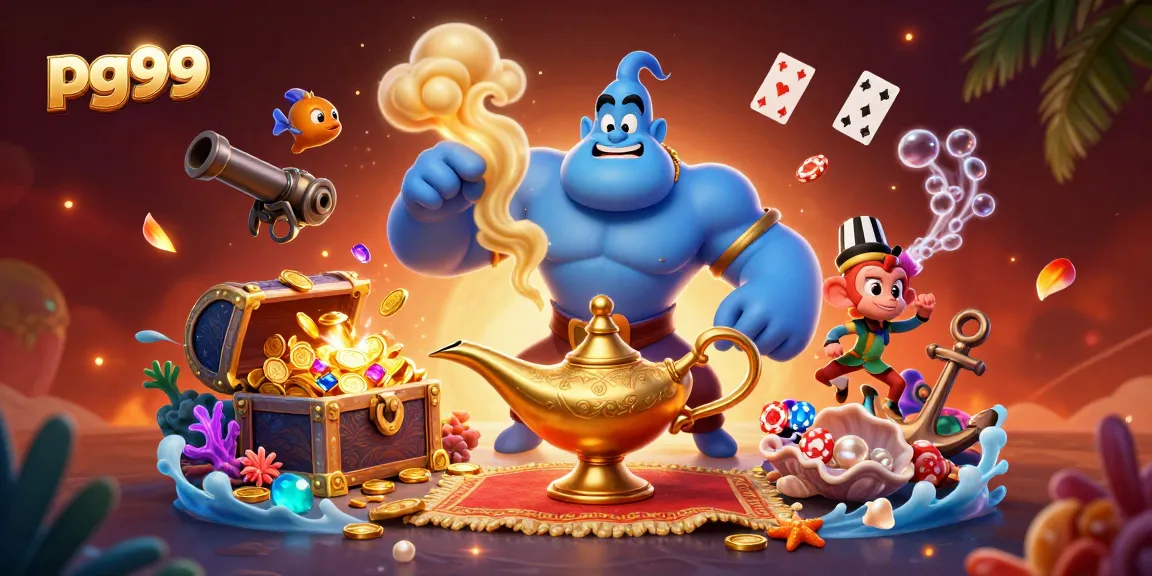 pg99 presents an exhilarating casino scene featuring a genie, monkey, and flying poker chips amidst underwater treasures.