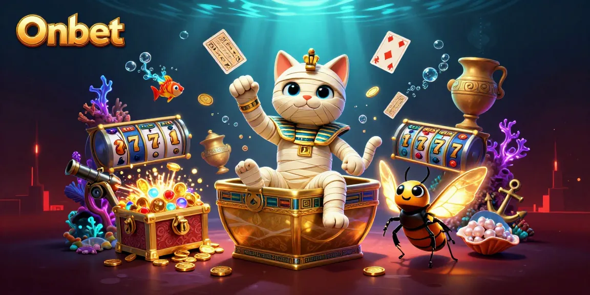 Win big at Onbet with a vibrant casino scene featuring a mummy cat and treasures.