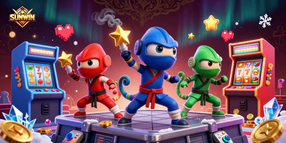 SUNWIN offers a vibrant casino experience with chameleon ninjas fighting amidst shining slot games and colorful casino graphics.