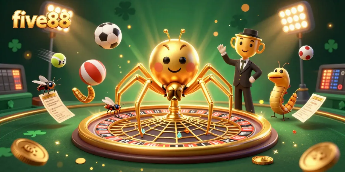 Bet on five88's thrilling action as a golden spider weaves a roulette wheel web with a nervous fly.