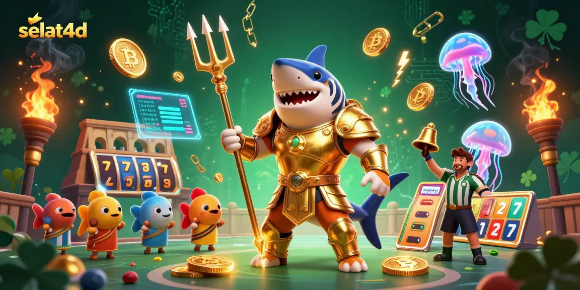 Engage in selat4d as a golden gladiator tiger shark presides over a vibrant casino scene.
