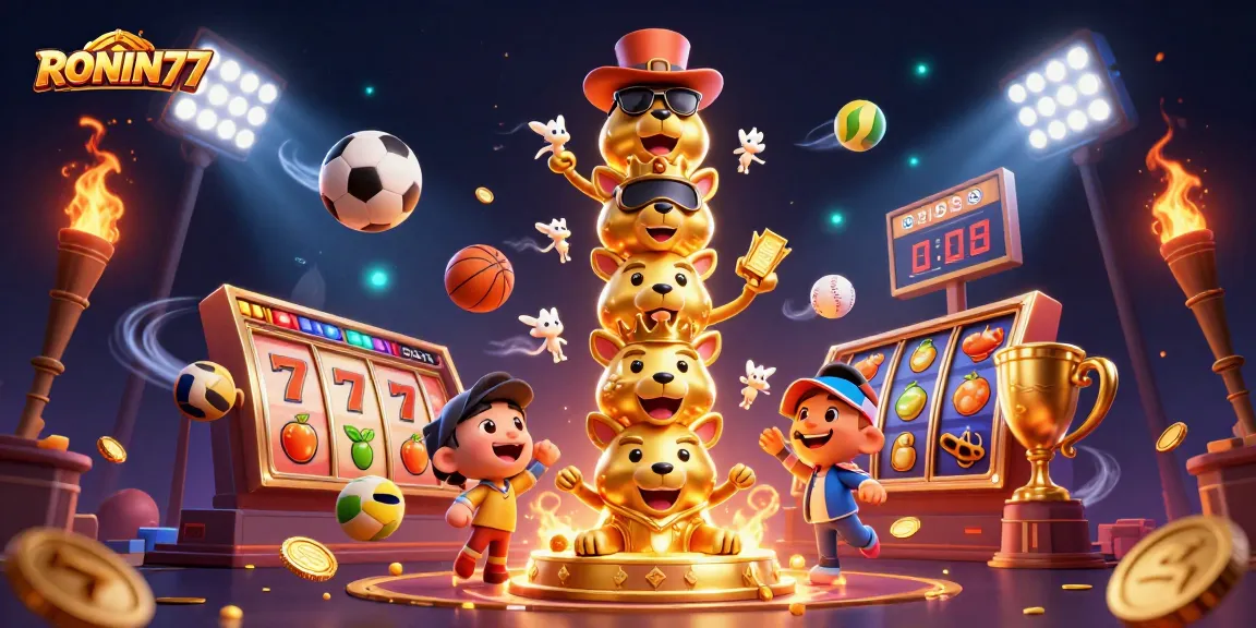Experience thrilling gaming with RONIN77's captivating slots featuring playful characters and dynamic action.