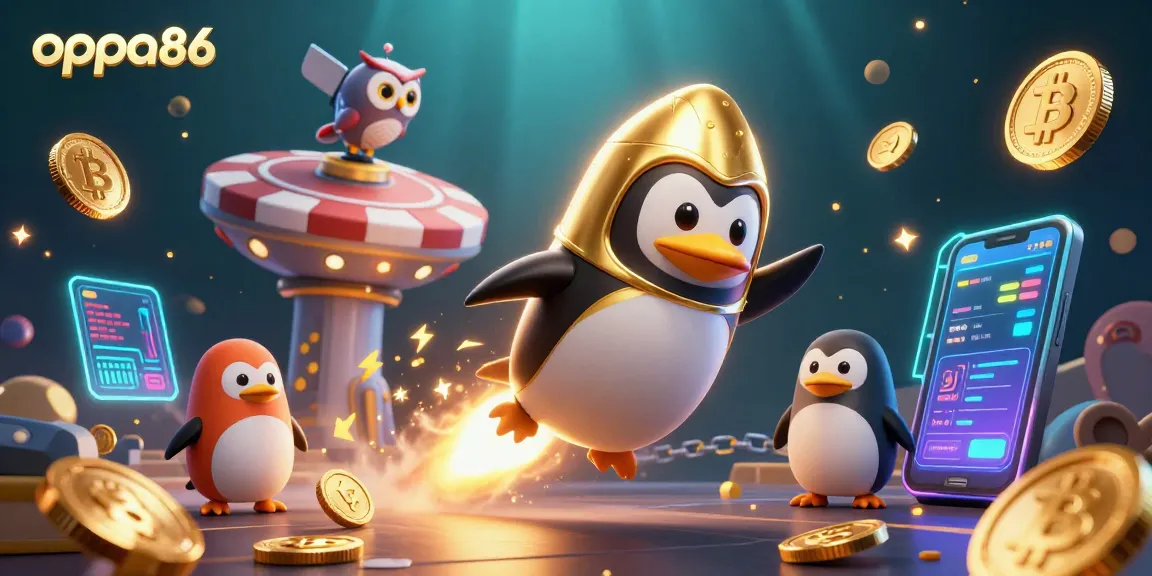 Experience oppa86 with a 3D golden penguin casino adventure amidst vibrant cryptocurrency elements.
