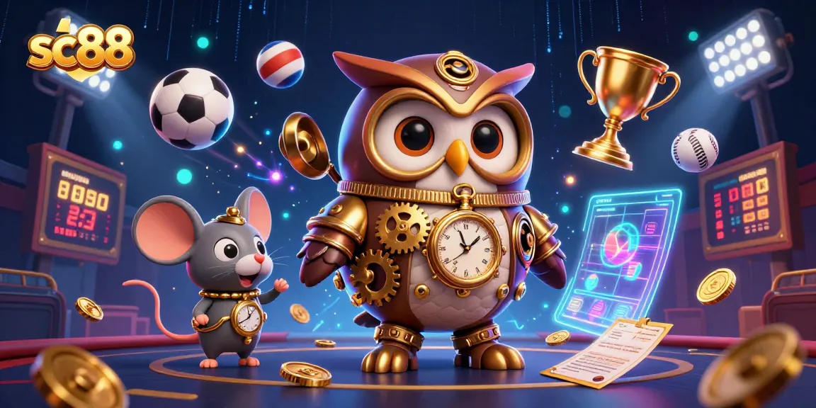 Engage with sc88's exciting gaming experience featuring a steampunk owl and vibrant casino elements.