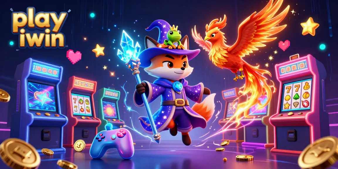 Play iwin with mystical characters in a vibrant casino-themed scene featuring slots and games.