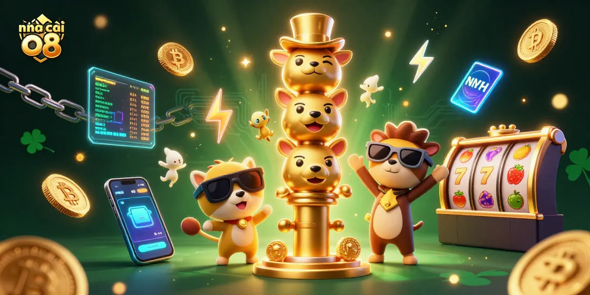 Engage with nhà cái o8 in a vibrant 3D casino illustration showcasing dynamic games and crypto elements.