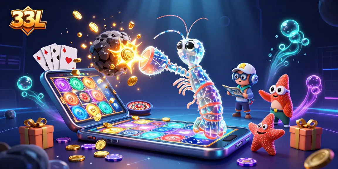 33L slots scene with a galactic shrimp character revealing gold coins and dynamic betting elements.