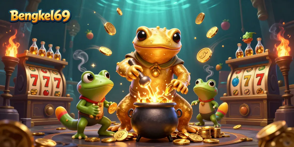 Bengkel69 showcases a thrilling scene of a golden salamander alchemist in a slot-rich environment, generating golden coins.
