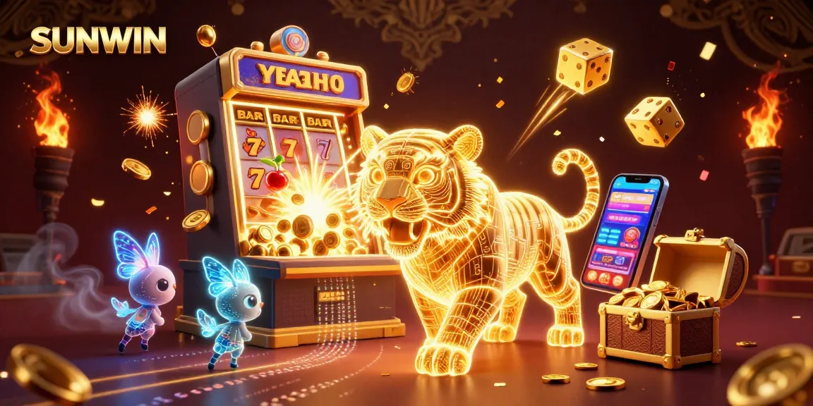 SUNWIN offers thrilling casino excitement with a golden tiger in a digital landscape featuring colorful slot machines and jackpot elements.