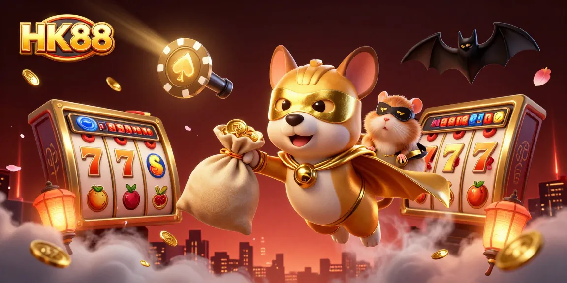 HK88 showcases a vibrant scene of a superhero dog and hamster amidst slot reels and casino symbols.