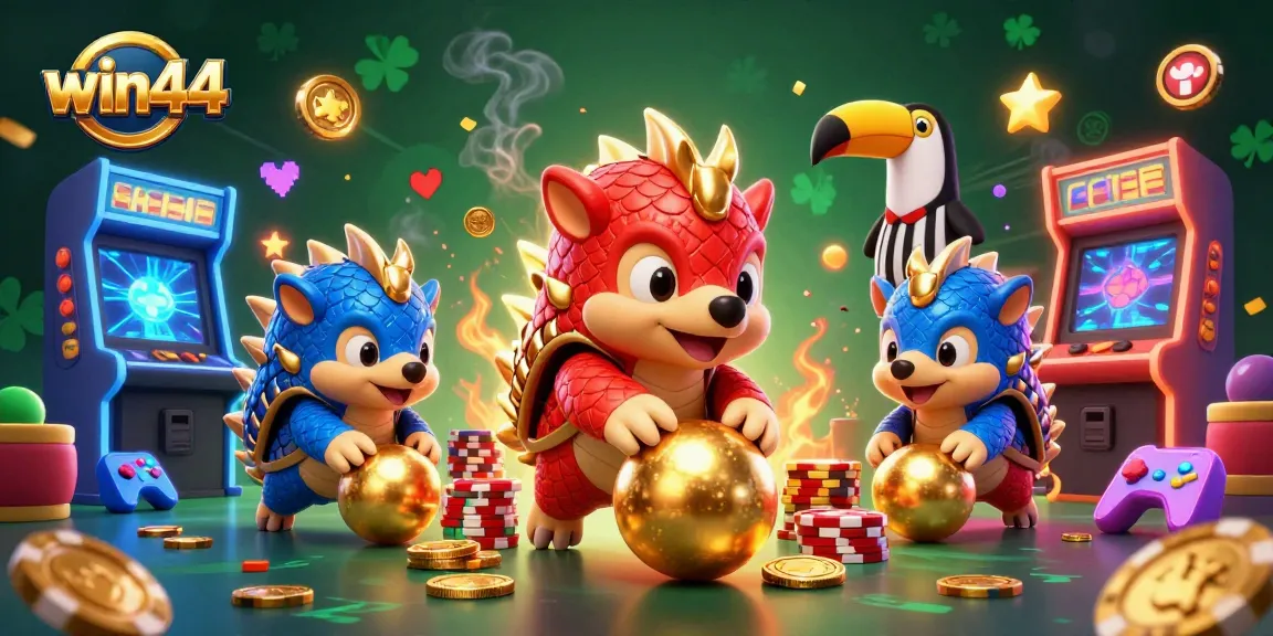 Join the thrilling game at win44 with rival pangolins bowling through poker chips amidst vibrant casino elements.