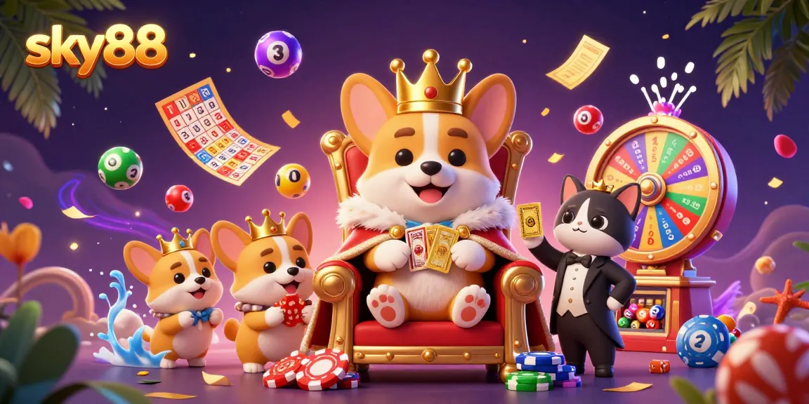 Experience the excitement of sky88 with a royal corgi throne scene filled with colorful lottery elements and vibrant action.