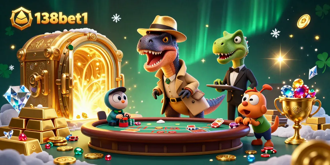 Experience thrilling blackjack at 138bet1 with a cartoon velociraptor card counter surrounded by treasure.